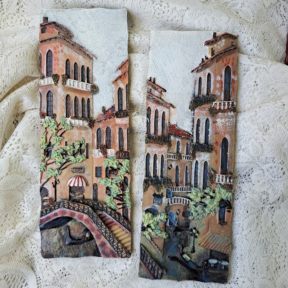 Vtg Ruane Manning Set 3D Textured Resin Wall Art Decor Sculpture Venice scenes